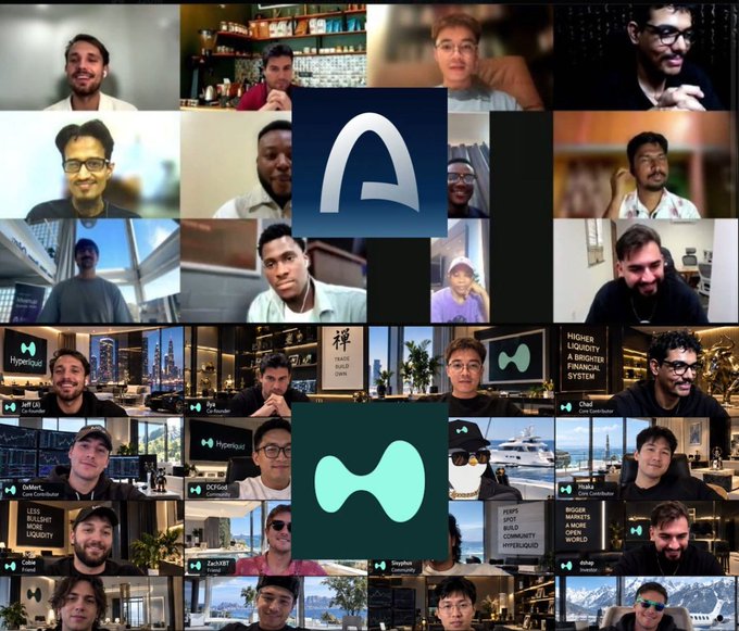 A grid of video call screenshots featuring various participants, with visible branding for "Hyperliquid" and several prominent logos including a stylized "A" (Arc) and an hourglass/figure-8 symbol (Hyperliquid). Text overlays name individuals such as "Charles," "DeMart," "Lewl," "ZackXBT," "HSGod," "Biggser," "Cha," and "Huki," with one panel displaying the phrase "HIGHER LIQUIDITY & SHORTER FINANCIAL SYSTEM," visually connecting to the post's discussion of Arc Network's launch being overshadowed by memecoin activity.
