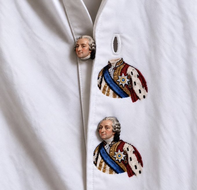 A white dress shirt features embroidered portraits of a man in royal regalia with a red cape, gold embroidery, and a blue sash, displayed both as a button and on the front placket.