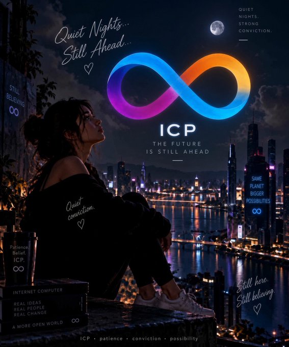 Promotional graphic for 'ICP' (Internet Computer) featuring an infinity logo, a woman sitting by a nighttime cityscape, and text reading 'Quiet Nights... Still Ahead... THE FUTURE IS STILL AHEAD' alongside slogans like 'Quiet conviction' and 'A MORE OPEN WORLD'.