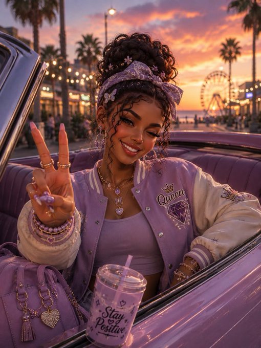 A digital illustration of a smiling young woman in a purple 'Queen' varsity jacket making a peace sign in a convertible car at sunset, with a 'Stay Positive' drink cup beside her.