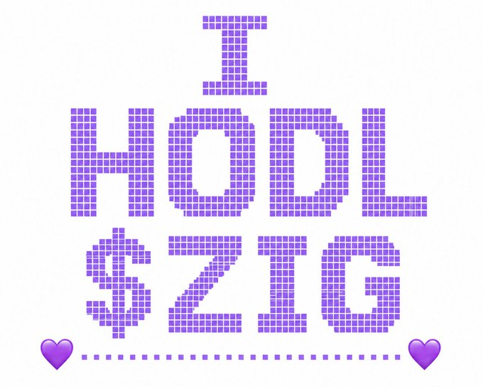A pixelated purple graphic displaying 'I HODL $ZIG' with heart emojis at the bottom.