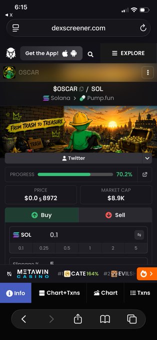 A mobile screenshot from dexscreener.com displays the $OSCAR/SOL token on the Solana network via Pump.fun, showing a price of $0.08972, market cap of $8.9K, and 70.2% progress.
