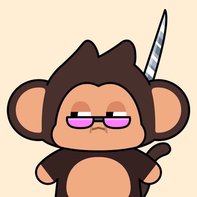 A cartoon illustration of a brown monkey character wearing pink-tinted sunglasses with a unicorn horn, set against a beige background.
