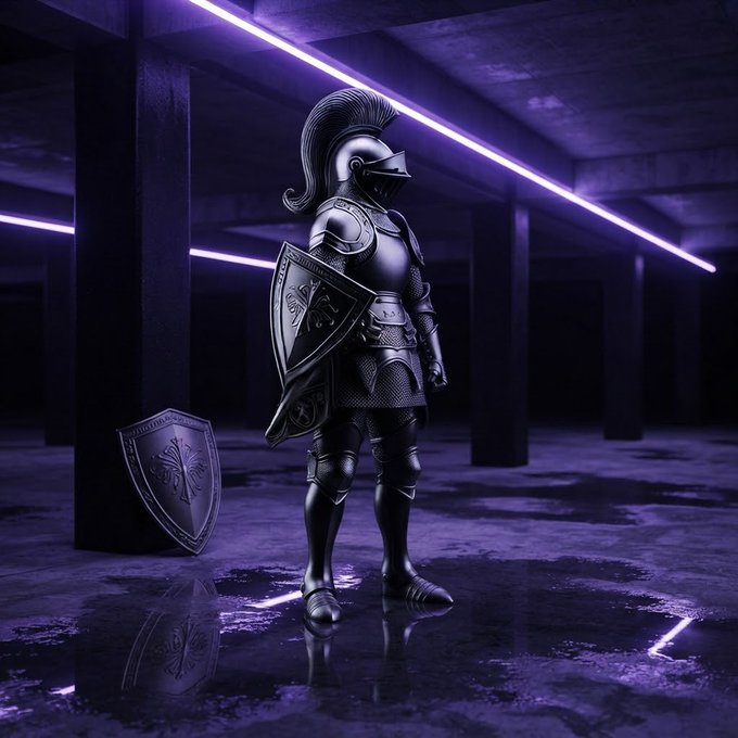 A stylized 3D render of a knight in full silver armor standing in a dark, purple-lit concrete space with neon lights and a shield resting beside them.