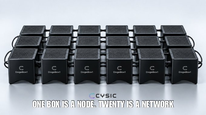 A promotional image showing a 4x6 grid of black 'DogeBox1' mining devices with the CYSIC logo and tagline 'ONE BOX IS A NODE, TWENTY IS A NETWORK.'