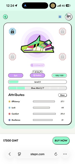 The image shows a phone screen with an app called "Stepn" displayed, which appears to be a shoe shopping app. The app has a green background and white text that reads "Stepn" followed by "shop now". There are two shoes on the screen, one in purple and another in green. The app also provides information about the shoes' attributes such as comfort, speed, and power.