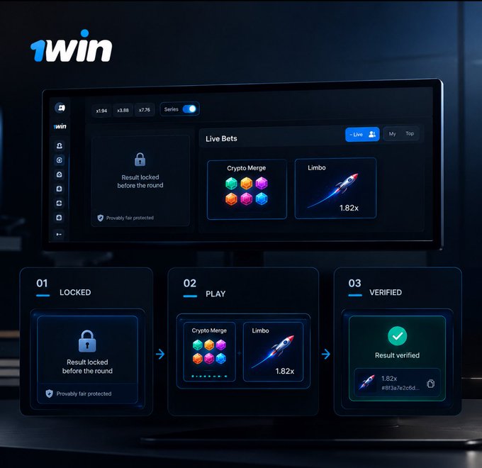 A promotional graphic for "1win" betting platform showing a computer monitor displaying "Live Bets" like "Crypto Merge" and "Limbo," with an infographic below explaining the three-step process: "LOCKED," "PLAY," and "VERIFIED."