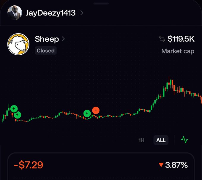 A cryptocurrency tracking app displays a chart for a coin called 'Sheep' showing a market cap of $119.5K, currently down 3.87% to -$7.29, under the username JayDeezy1413.
