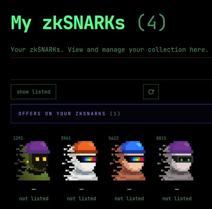 A dark-themed NFT collection interface titled 'My zkSNARKs (4)' displaying four pixel-art character avatars numbered 1291, 3961, 5622, and 8815, all marked as 'not listed'.