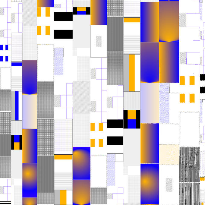 An abstract digital artwork or glitch-style composition features a grid-like arrangement of white, grey, blue, and orange geometric shapes and gradients.