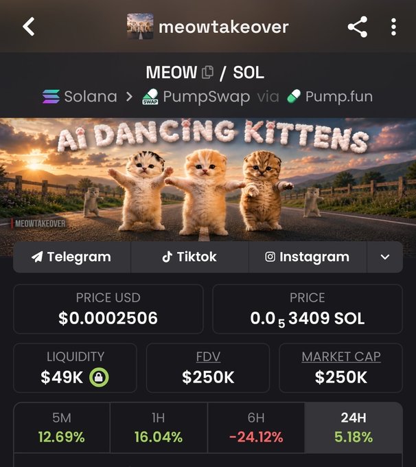 A screenshot of a meme coin page for 'meowwtakeover' (MEOW/SOL) on PumpSwap, featuring an image titled 'AI DANCING KITTENS' with a price of $0.0002506 and a market cap of $250K.