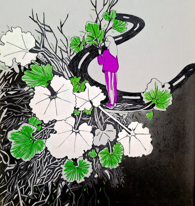 A digital illustration features a figure with long white hair in a bright pink/magenta outfit standing on a winding black road, surrounded by large white and green flowers against a black and white background. The artwork, titled "A Gentle Return" with "2 Left" and the price "◎ 7 #xtz," appears to be a Tezos NFT being offered for sale as part of a #TEZOSTUESDAY promotion.