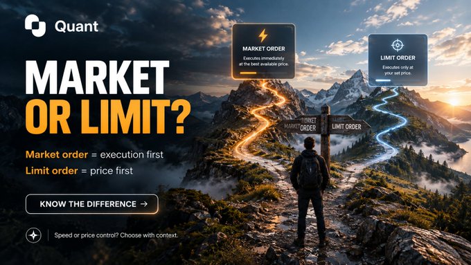 An educational banner from 'Quant' exchange explaining the difference between Market Orders (execution first) and Limit Orders (price first).