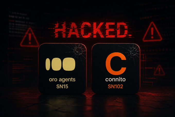 A graphic depicts two app icons labeled 'oro agents SN15' and 'connito SN102' beneath a red 'HACKED' warning with warning symbols.