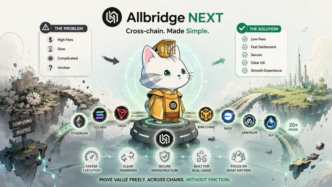 An Allbridge NEXT promotional graphic features a white cat in a yellow jacket on a pedestal, illustrating the solution to cross-chain crypto transfers with listings for Ethereum, Solana, Tron, BNB Chain, Base, Arbitrum, SUI, and 20+ more.