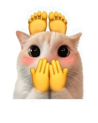 A cute cat meme shows a fluffy orange and white kitten with large teary eyes, blushing cheeks, two paws covering its mouth, and two yellow emoji paws raised above its head.