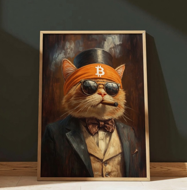 A framed portrait of a formally dressed cat wearing sunglasses and an orange Bitcoin headband.