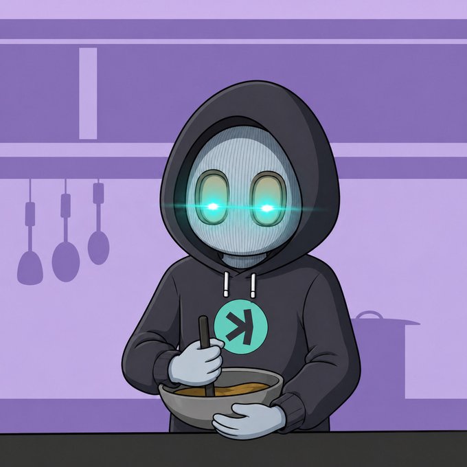 This cartoon character with glowing eyes and a "K" logo on its hoodie is "cooking" up a giveaway, with "$1,000" being given away live at today's "$CATE" space.
