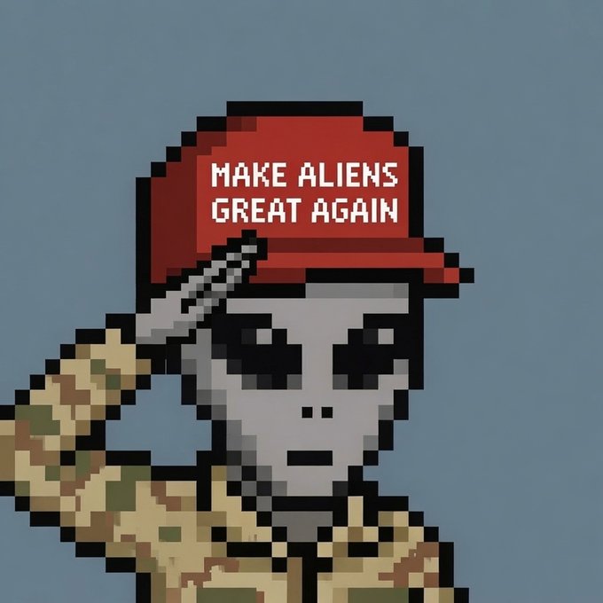 Pixel art image of an alien wearing a red MAGA-style hat with the text 'MAKE ALIENS GREAT AGAIN' and a camouflage jacket, against a plain blue-gray background.