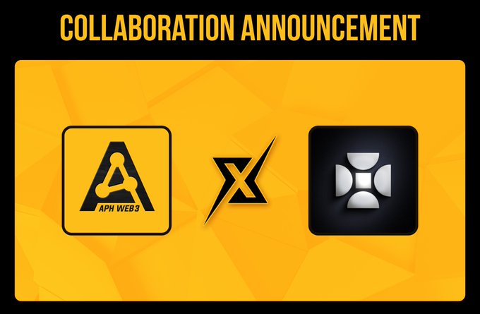 A 'Collaboration Announcement' graphic featuring the logos of 'APH Web3' and another brand separated by an X mark.