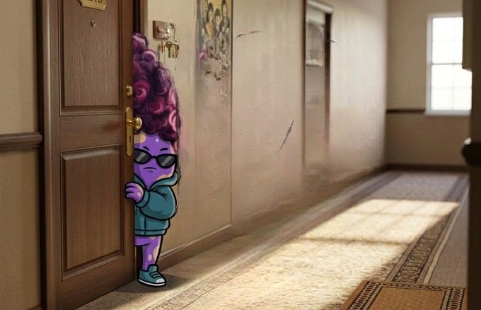 A 2D cartoon-style purple character with curly hair and sunglasses peeking out from behind a wooden door in a hallway setting.