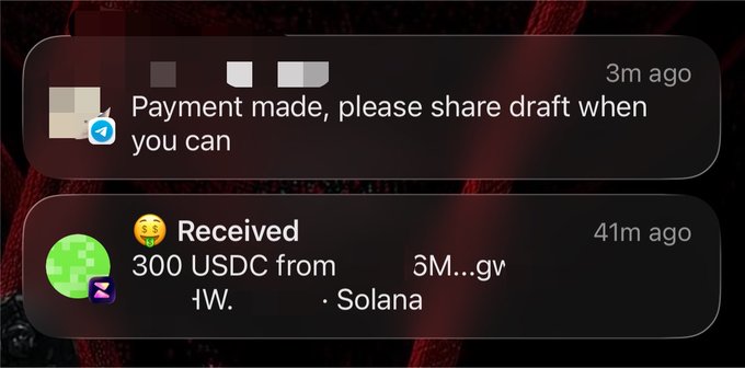 The image shows notifications for a payment of 300 USDC from "HW." on Solana, and a message stating "Payment made, please share draft when you can," directly supporting the post's claim about delivering on web3 jobs.