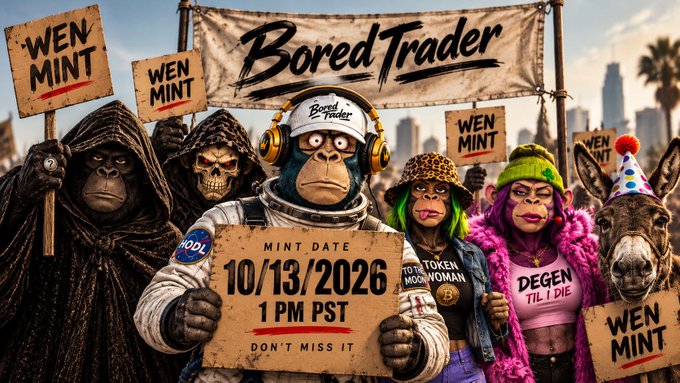 A promotional banner for 'Bored Trader' featuring various NFT characters holding signs reading 'WEN MINT' and 'MINT DATE 10/13/2026 1 PM PST DON'T MISS IT'.