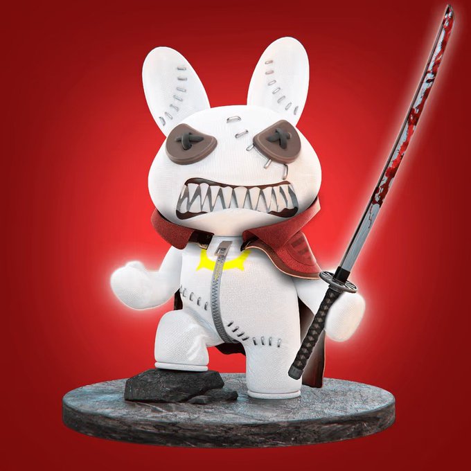 A 3D render of a white stuffed bunny character with X-shaped button eyes, sharp teeth, stitches, a red cape, and holding a bloody katana sword against a red background.