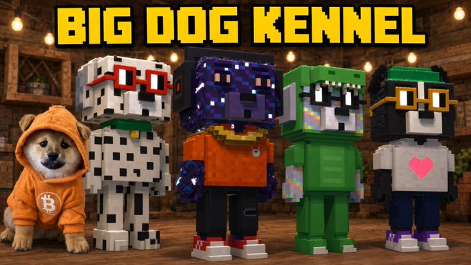 A promotional image titled 'BIG DOG KENNEL' showing the Bitcoin-hoodie Shiba puppy alongside four pixelated Minecraft-style dog characters with different outfits and glasses.