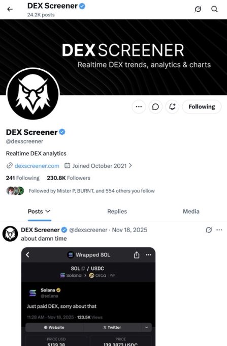 DEX Screener's Twitter/X profile shows they have 230.8K Followers, 24.2K posts, and recently posted on Nov 18, 2025 ("about damn time"), linking to dexscreener.com—supporting the caption's point that despite massive reach and success, the account rarely posts, with this being one of their few recent updates after a long gap.