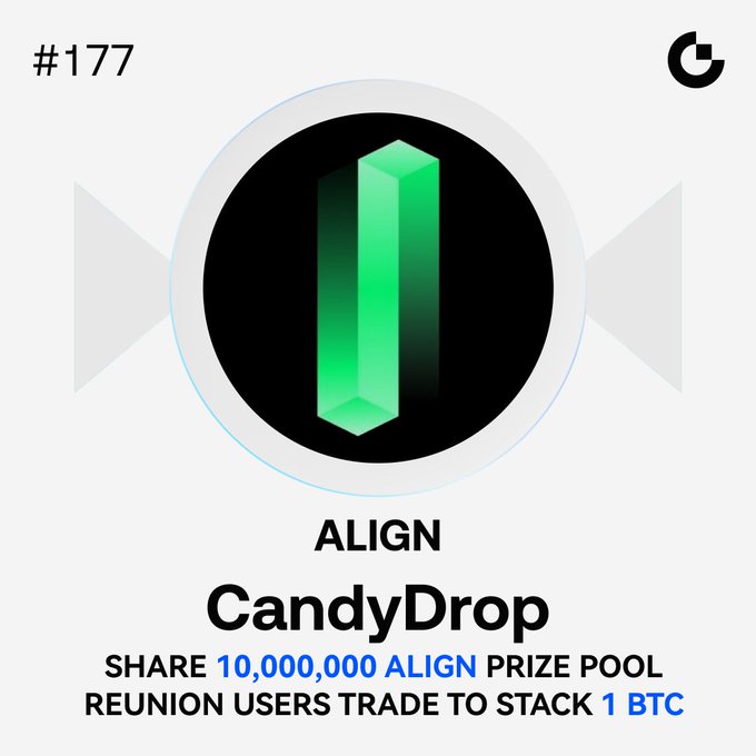 Promotional graphic for Gate.io's CandyDrop #177 featuring $ALIGN, showcasing a green 3D logo and a 10,000,000 $ALIGN prize pool available to users who stack 1 BTC through reunion trading, directly matching the accompanying airdrop announcement with its task-based rewards structure.