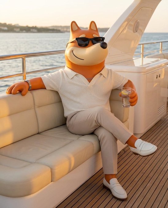 A cheerful anthropomorphic Shiba Inu dog wearing sunglasses relaxes on a luxury yacht couch while holding a drink, embodying the laid-back, confident spirit of the BONK community. The image's relaxed, celebratory vibe reflects the post's message of gratitude and appreciation for the community's supportive and uplifting presence.
