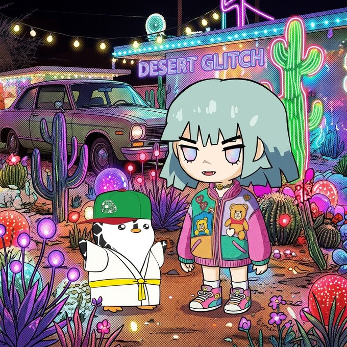 An anime-style illustration titled 'DESERT GLITCH' features a blue-haired girl in a colorful jacket alongside a penguin in martial arts attire, set against a neon-lit desert backdrop with a car.