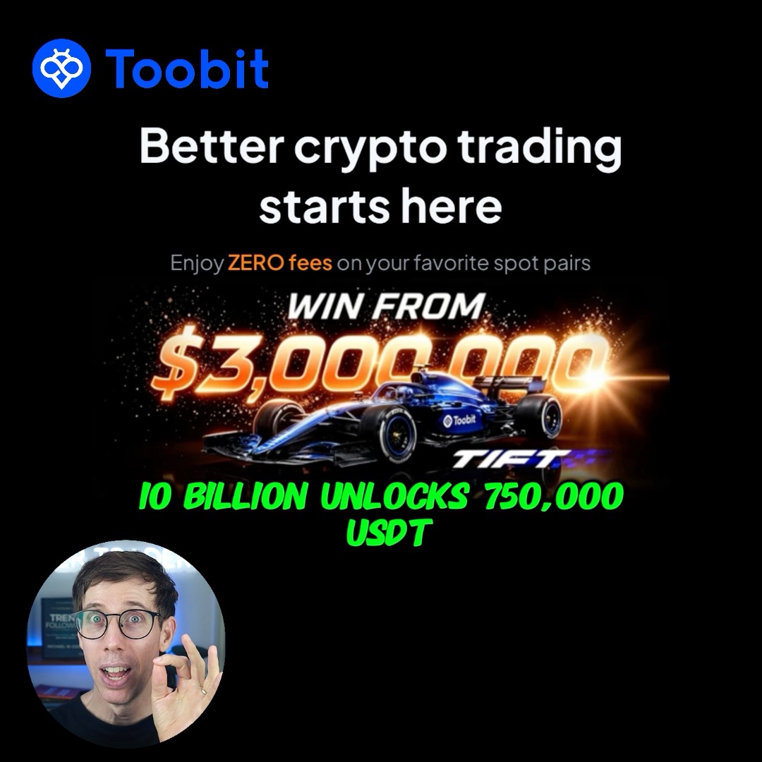 A Toobit cryptocurrency advertisement reading 'Better crypto trading starts here,' promoting 'ZERO fees' and a prize pool of '$3,000,000' with text overlay '10 BILLION UNLOCKS 750,000 USDT,' featuring a man's photo in the corner.