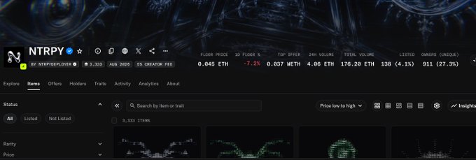 The image displays the Blur marketplace profile for "NTRPY" (by Skrpld3rdEye), showing a floor price of 0.045 ETH (-7.2%), 24h volume of 4.06 ETH, and a total volume of 176.20 ETH with 138 listed and 911 owners. The post discusses the user's current focus on on-chain alpha and NFT projects, with the image illustrating their NFT trading activity on Blur.