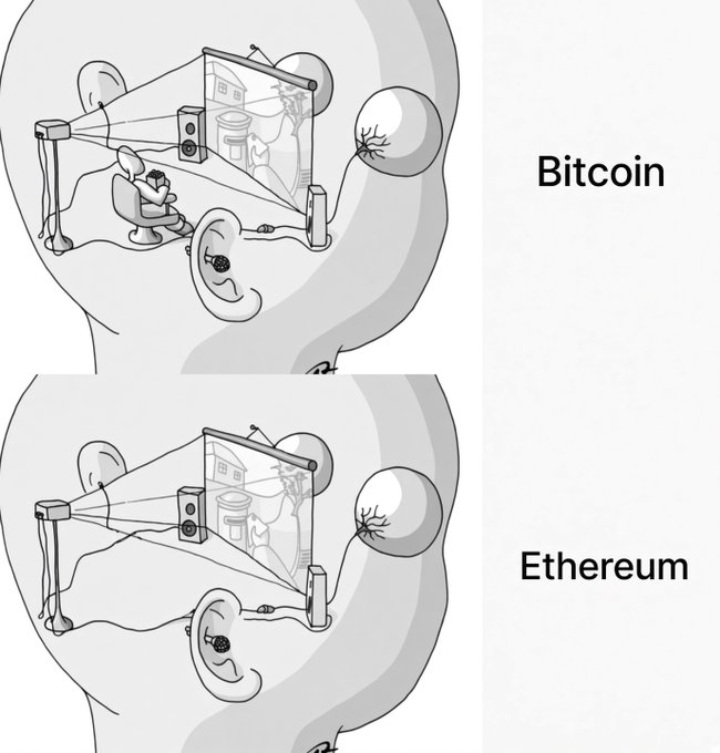 A meme-style comparison illustration showing a human head with visual processing equipment labeled 'Bitcoin' above 'Ethereum', depicting the latter with less external hardware.