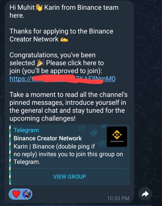 A Telegram message from 'Karin' at Binance congratulating a user named Muhit on being selected for the Binance Creator Network, with a partially redacted link and an invitation to join the Telegram group.