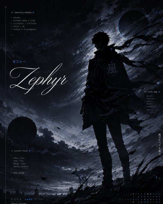 Anime-style artwork titled 'Zephyr' featuring a silhouetted figure in a jacket with Japanese text, set against a night sky with code-like overlays.