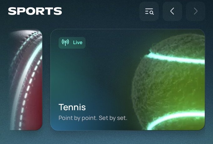 A dark-themed sports betting interface with 'SPORTS' header showing a 'Live' Tennis card labeled 'Point by point. Set by set.' alongside a navigation menu with filter, back, and forward icons.