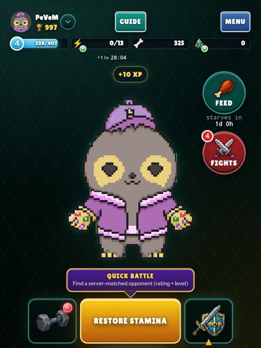 Mobile game screen showing a pixel-art character 'PoVeM' wearing a purple hat and jacket, with stats at the top, a 'Quick Battle' mode and 'Restore Stamina' button below.