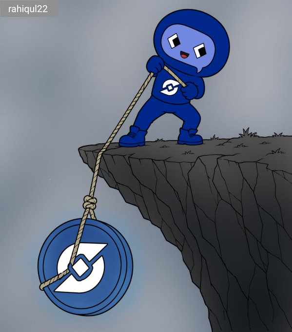 A digital cartoon illustration features a small, blue-suited ninja character pulling a large blue coin bearing a white logo over the edge of a cliff with a rope; the watermark 'rahiqul22' is visible in the top left.