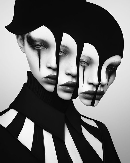 A surreal black and white portrait featuring multiple overlapping faces of a woman with dramatic makeup, black tears, and a black hat, wearing a striped top.