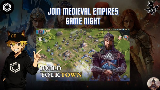 A promotional graphic for a Medieval Empires Game Night featuring a cartoon mascot with 'CG' on its hat, a screenshot of town-building gameplay, and the BCH logo in the corner.