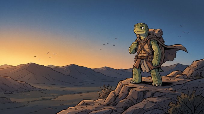 An anthropomorphic turtle adventurer with a backpack and cloak stands on a rocky cliff overlooking a vast mountain range at sunset, embodying the spirit of the upcoming "Checker" NFT collection of 1,111 turtles. The scene's wide horizon and lone explorer visually reinforce the project's mint launch on September 18 at 13:00 UTC.