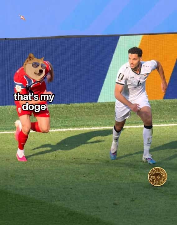 A meme showing a soccer match with a Shiba Inu dog head edited onto a player in a red uniform, with text 'that's my doge' next to another player in white.