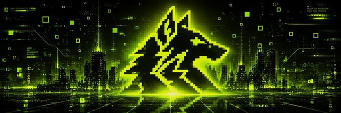 A glowing neon green pixelated wolf logo hovers over a dark futuristic cityscape with digital grid patterns and scattered code-like text. The image's edgy cyberpunk aesthetic and community-focused wolf branding visually reinforce the post's message of opening whitelist collab spots to crypto/NFT communities of all sizes.