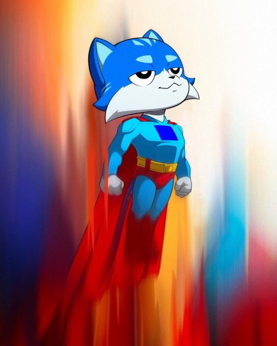 Artistic illustration of a character resembling a blue hedgehog dressed as Superman, with a red cape and confident expression.