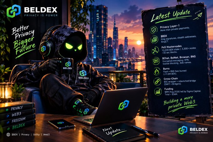 A promotional graphic for BELDEX cryptocurrency featuring a hooded figure in green-glowing sunglasses using a laptop at night, with a "Latest Update" panel listing features like Privacy Layer-1, $BDX, PoS Masternodes, BChat, BNS, Burns, Cross-Chain, and Funding.