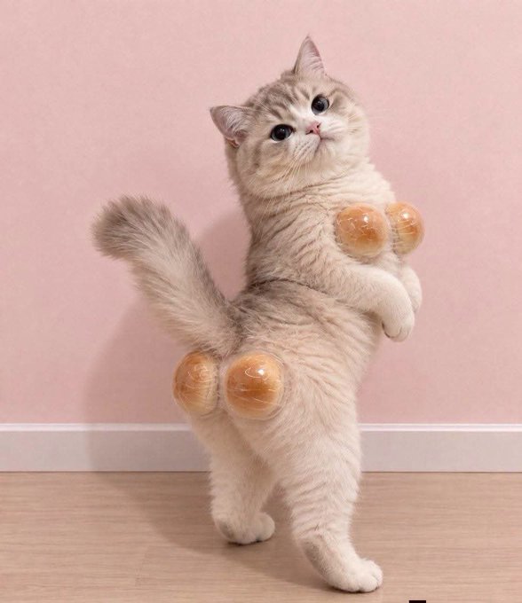A fluffy cat standing on its hind legs with four plastic suction cups attached to its paws and chest against a pink background.