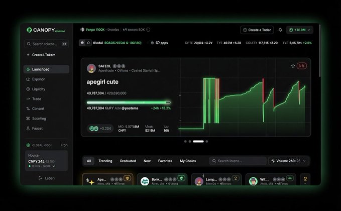 A screenshot of the Canopy by Galois dashboard displays the Chain Locker interface for the $CNPY token, showing a market cap of $6,518,490.15 for Pepe100X on the Gnosis network with a price chart for the "apegirl cute" memecoin, illustrating the early lifecycle of a Nested Chain building under shared security.